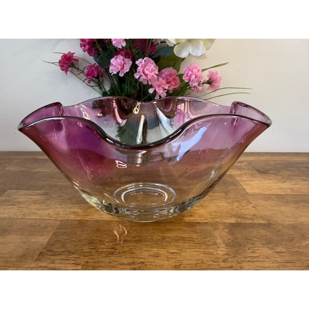 Vintage Cranberry Pink Art Glass‎ Ruffled Centrepiece Bowl Large Flared Wavy Rim